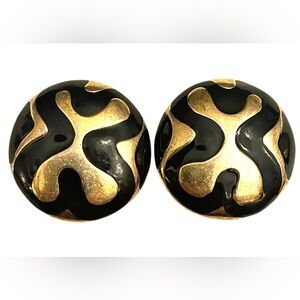 MONET Vintage Black Gold Abstract Flower Earrings Clip on